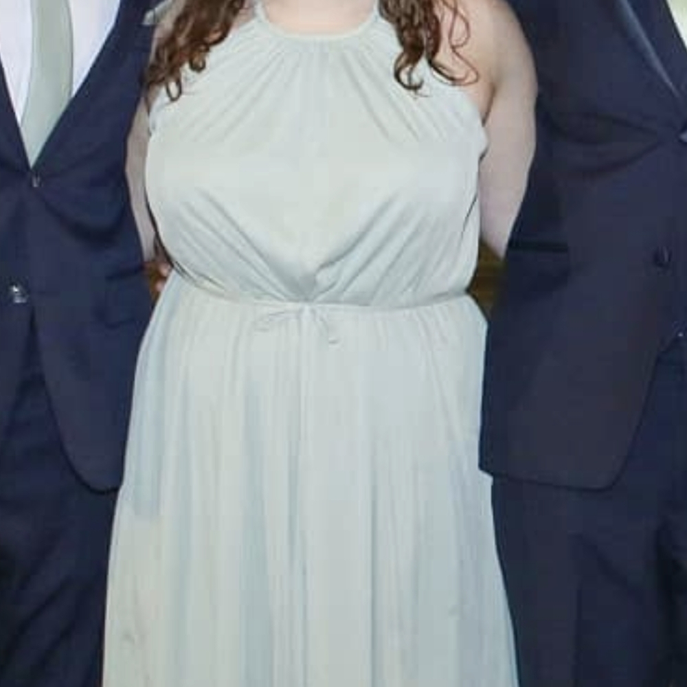 Dusty Sage lose fitting bridesmaids dress with belt. Size 14. Azazie.